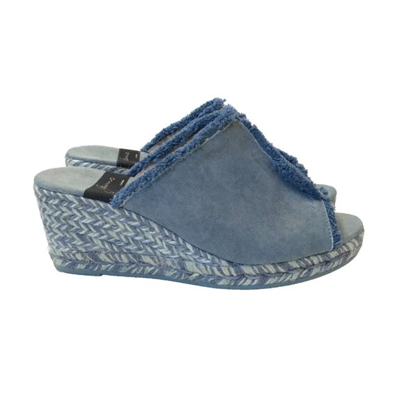 Giamo Denim Chambray Wedge Espadrille Sandals Womens 39 9 Blue Fringe Open Toe - Picture 11 of 11